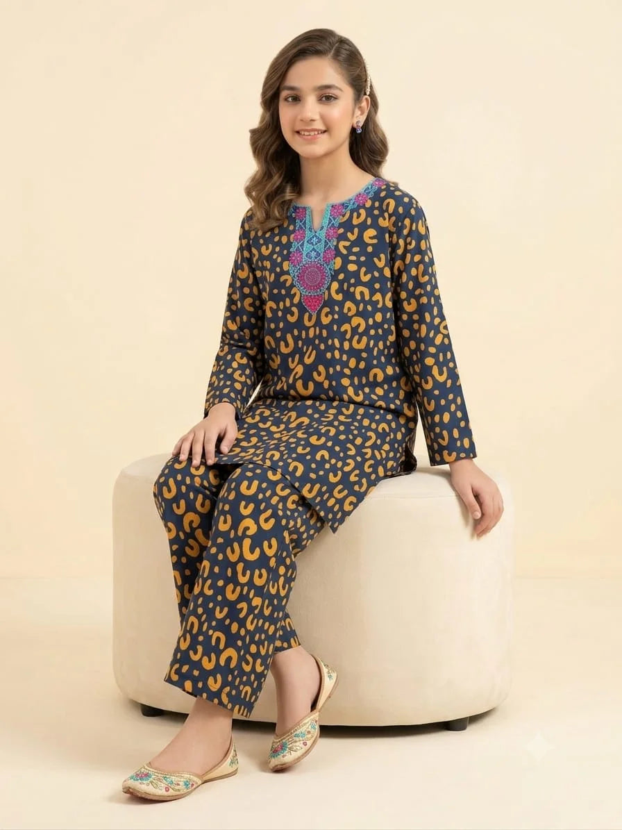 Front Embroidery Leopard Print Navy 2Pcs Suit Girls ( R-4)