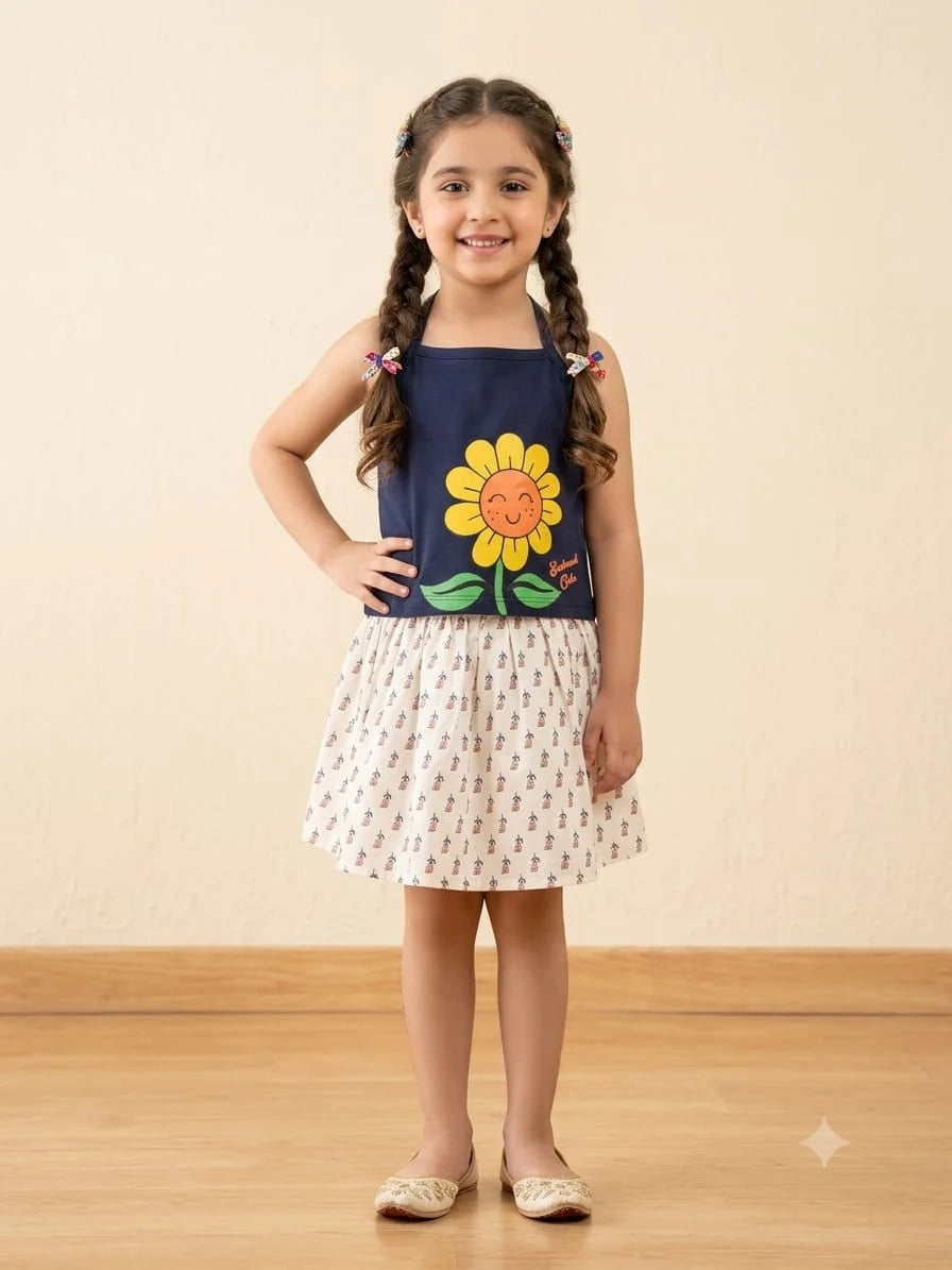 Sun Flower Navy Skirt Suit Girls ( R-22 )