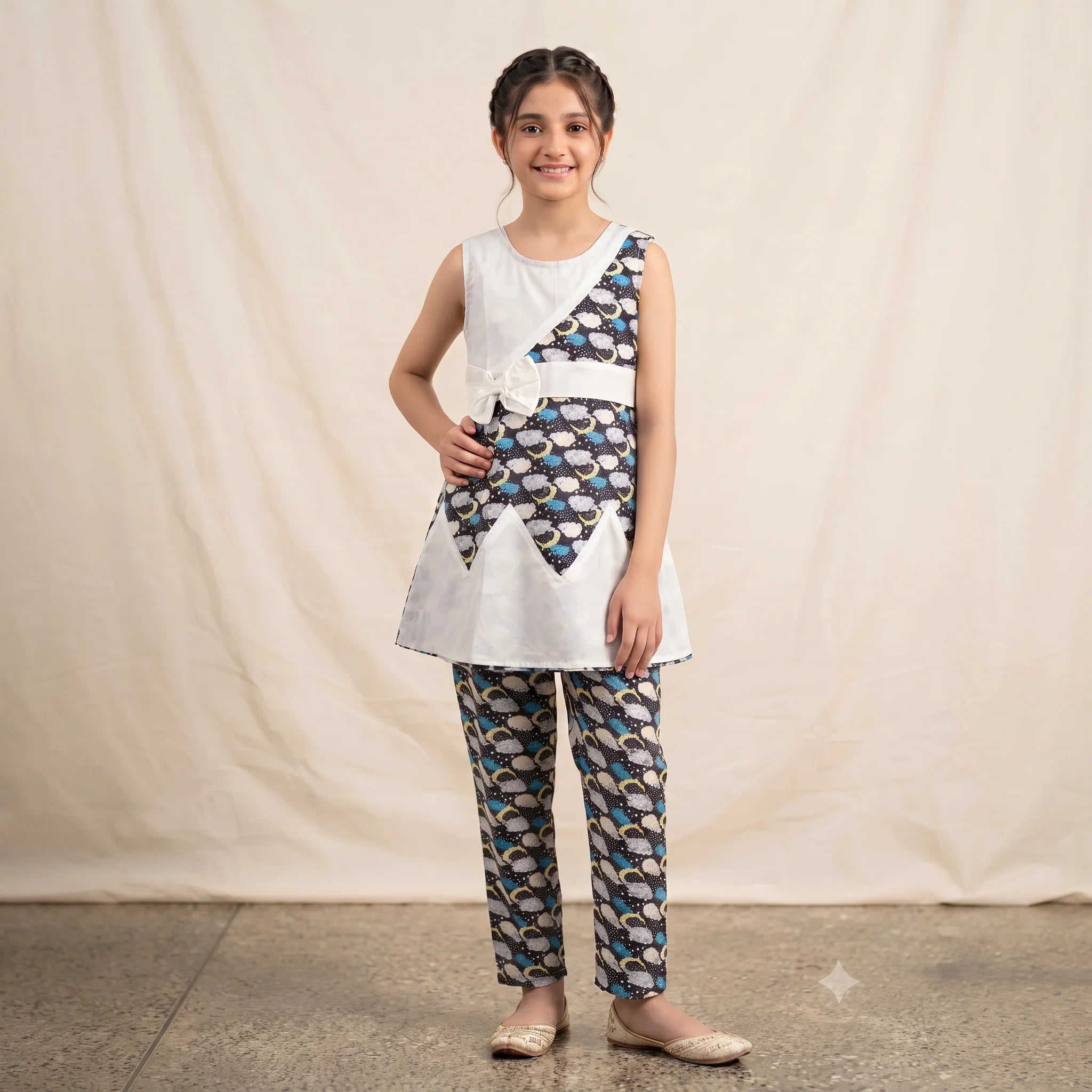 Cloud Print White 2 Pcs Suit-Girls ( R-32 N )
