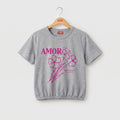 (Short Length) Amor Floral Graphic Oatmeal T-Shirt Girls ( R-)