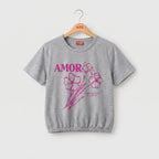 (Short Length) Amor Floral Graphic Oatmeal T-Shirt Girls ( R-)