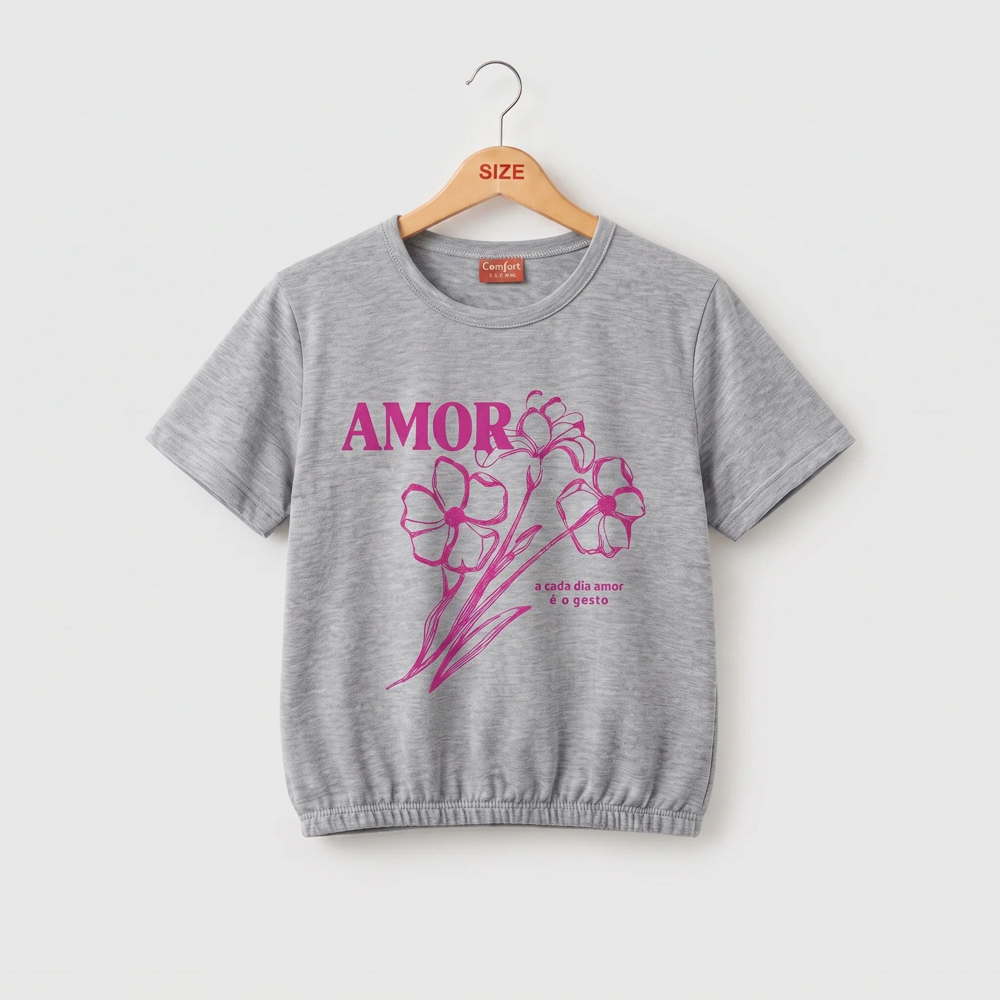 (Short Length) Amor Floral Graphic Oatmeal T-Shirt Girls ( R-)