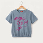 (Short Length) Amor Floral Graphic Sky T-Shirt Girls ( R-526 )