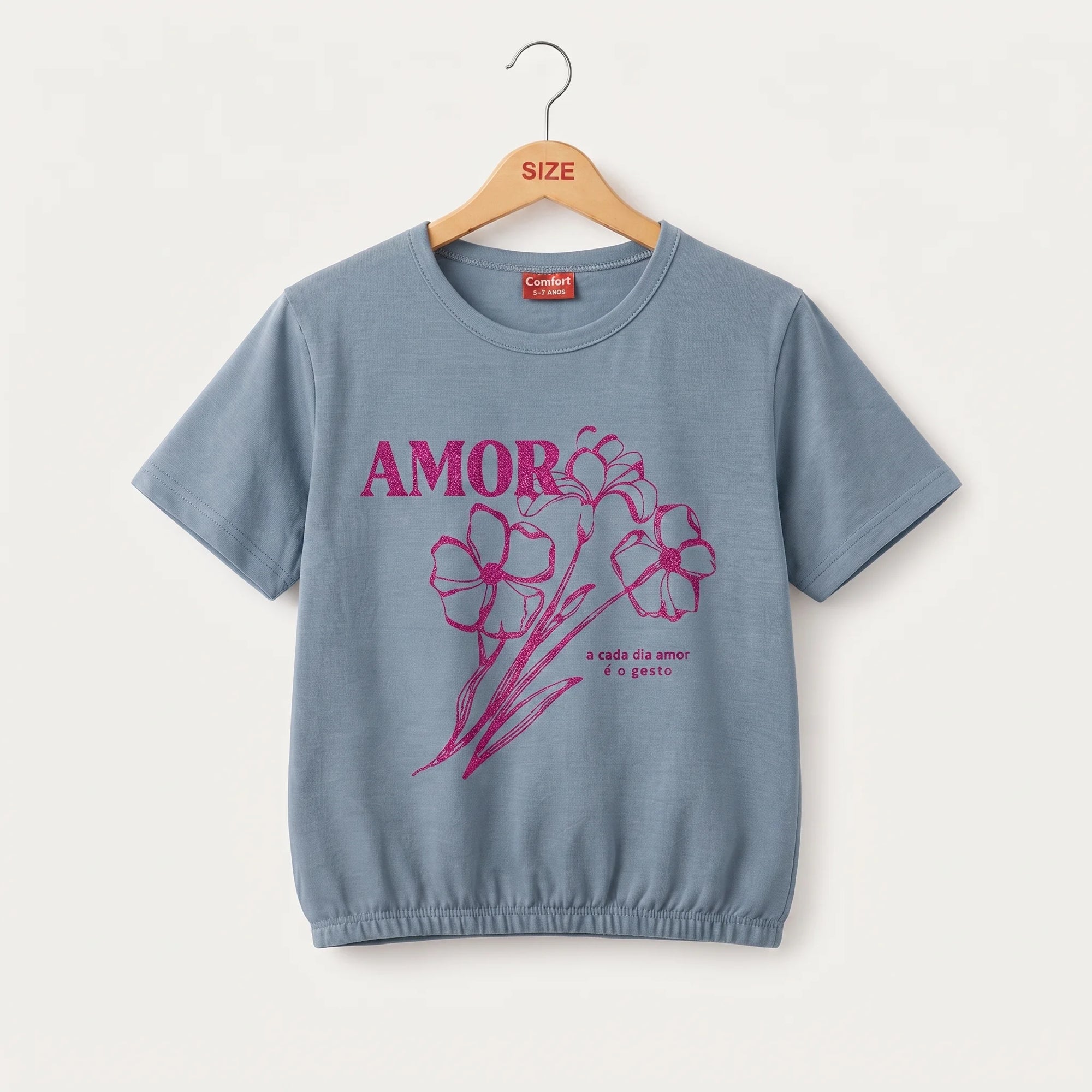 (Short Length) Amor Floral Graphic Sky T-Shirt Girls ( R-526 )
