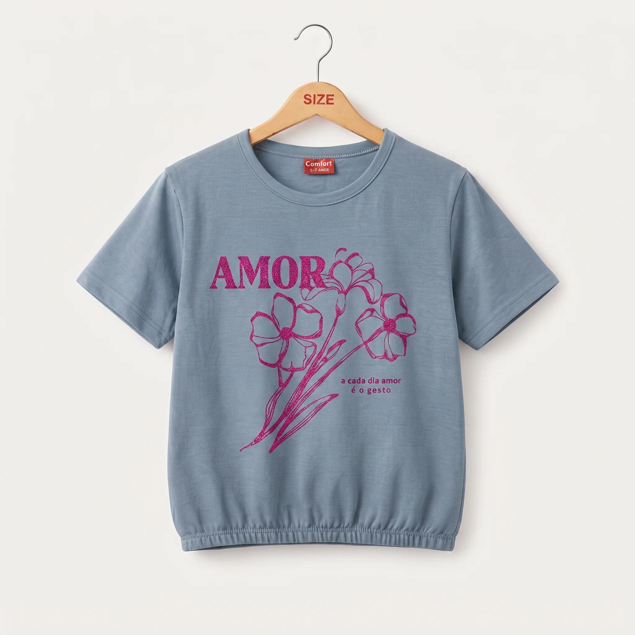 (Short Length) Amor Floral Graphic Sky T-Shirt Girls ( R-526 )