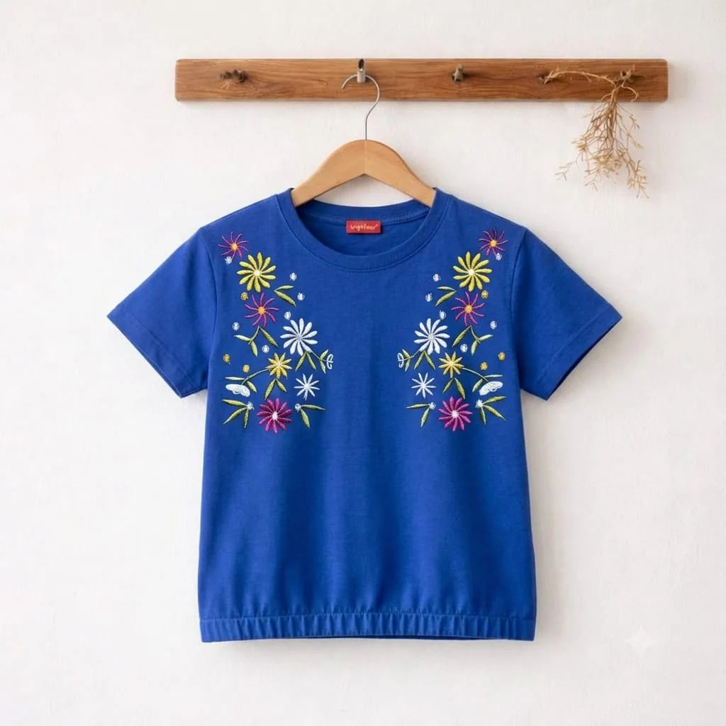 (Short Length) Both Side Embroidery Royal Blue T-Shirt Girls ( R-532 )