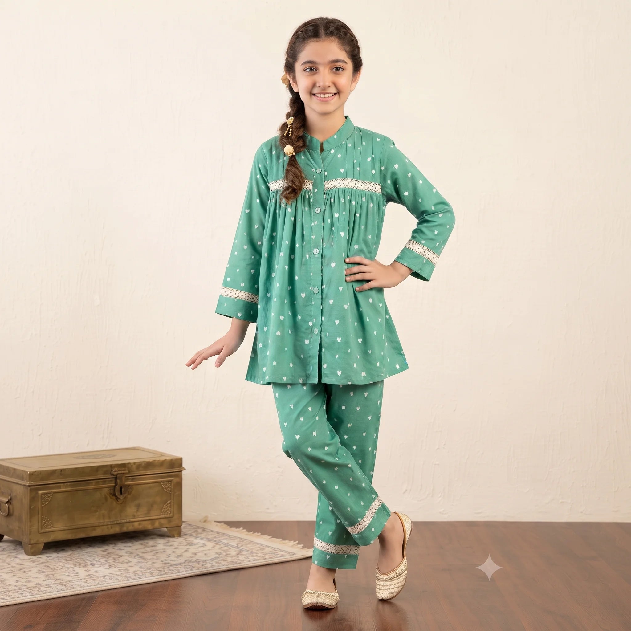 Heart All Over See Green Frock 2Pcs Suit-Girls ( R-490 )