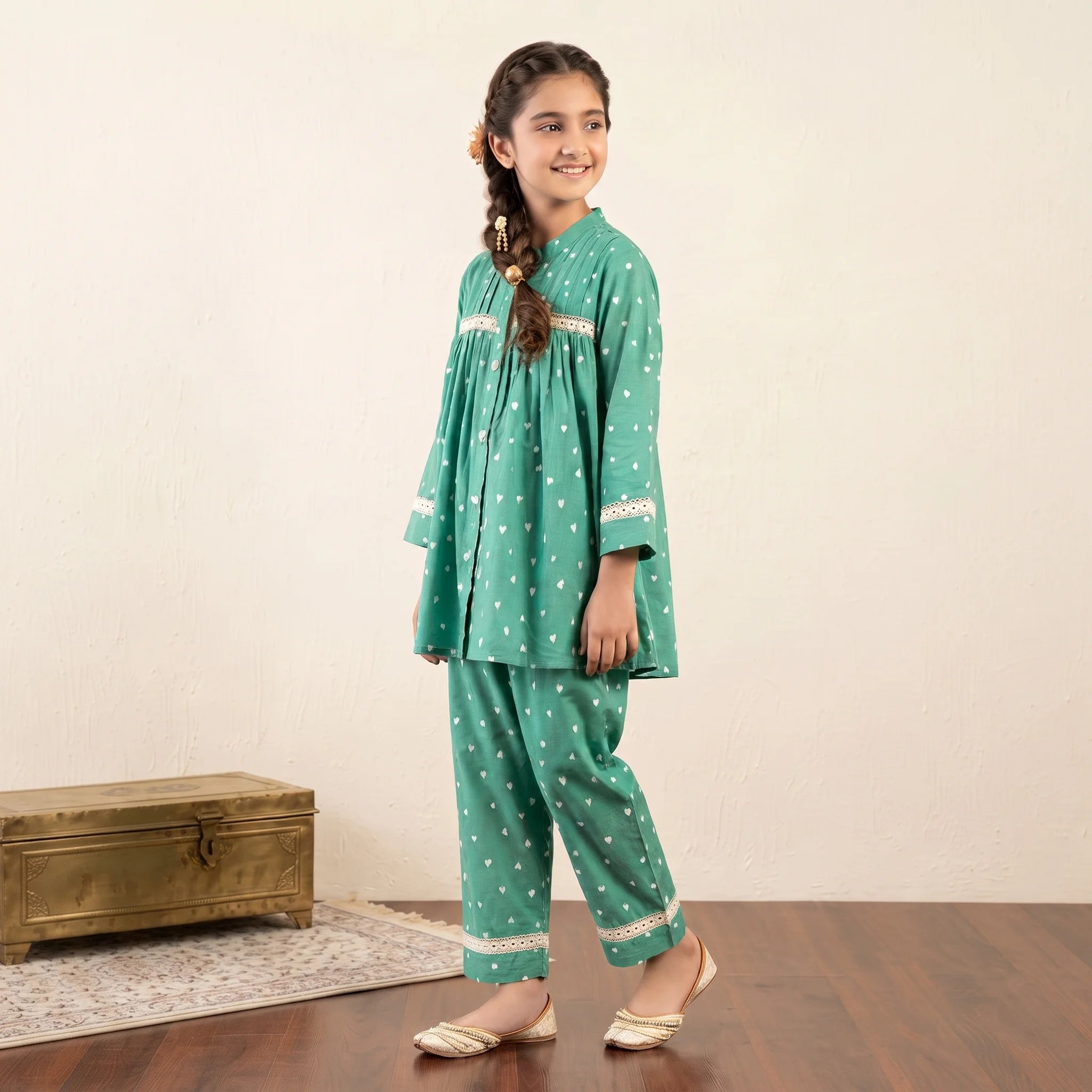 Heart All Over See Green Frock 2Pcs Suit-Girls ( R-490 )