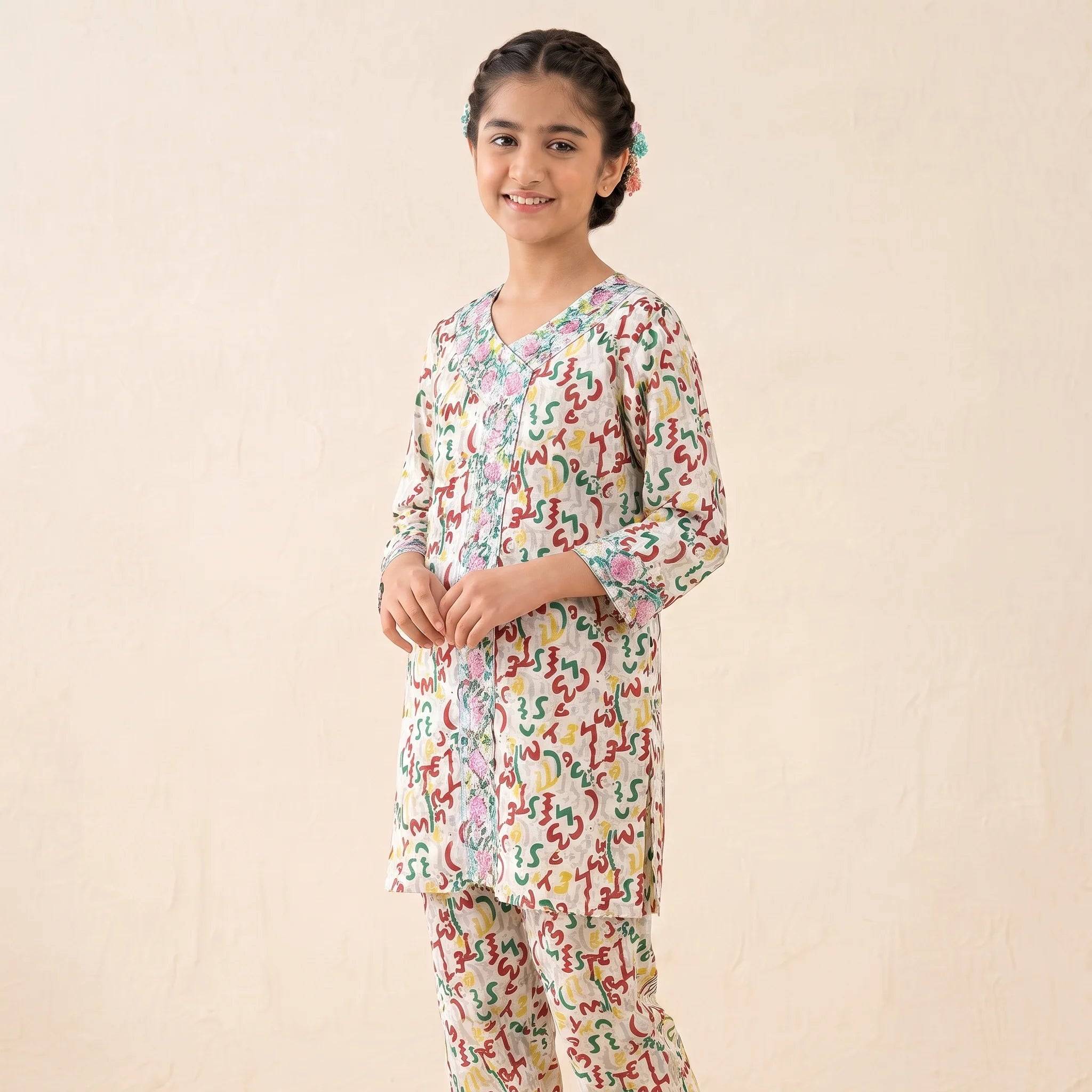 Front Embroidery Alphabet Print White Angrakha Style 2Pcs Suit Girls ( R- 314 N )