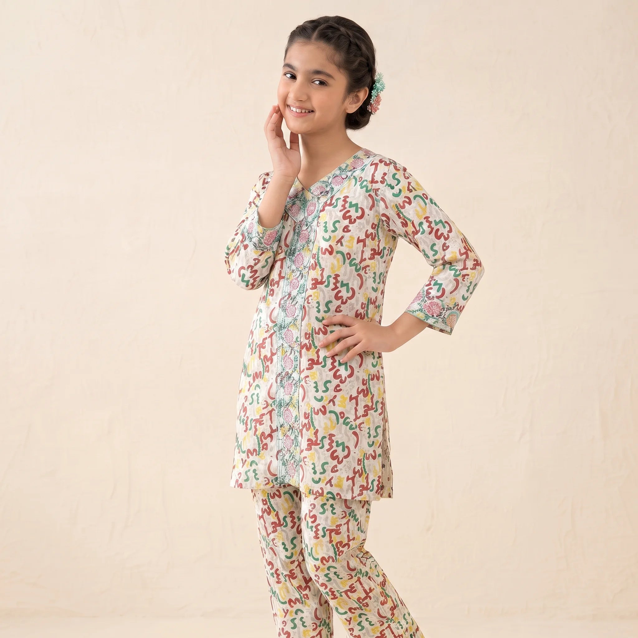 Front Embroidery Alphabet Print White Angrakha Style 2Pcs Suit Girls ( R- 314 N )