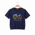 (Short Length) Need Time Embroidery Navy T-Shirt Girls ( R-467 )