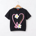 (Short Length)Sun Flower With Heart Black T-Shirt Girls