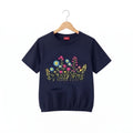 (Short Length) Multi Leaves Embroidery Navy T-Shirt Girls ( R-466 )