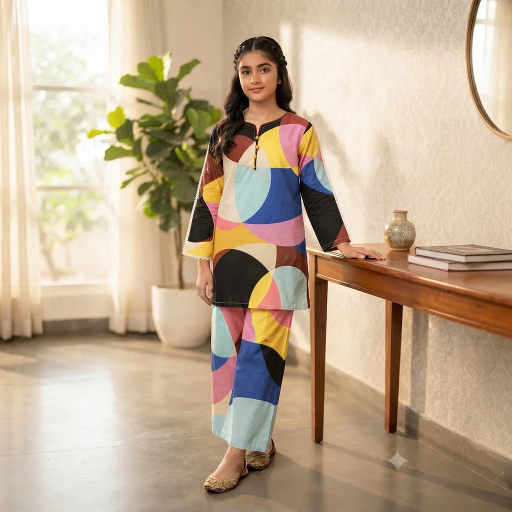 Multi Shade All Over Print 2Pcs Suit Girls ( R-429 N)