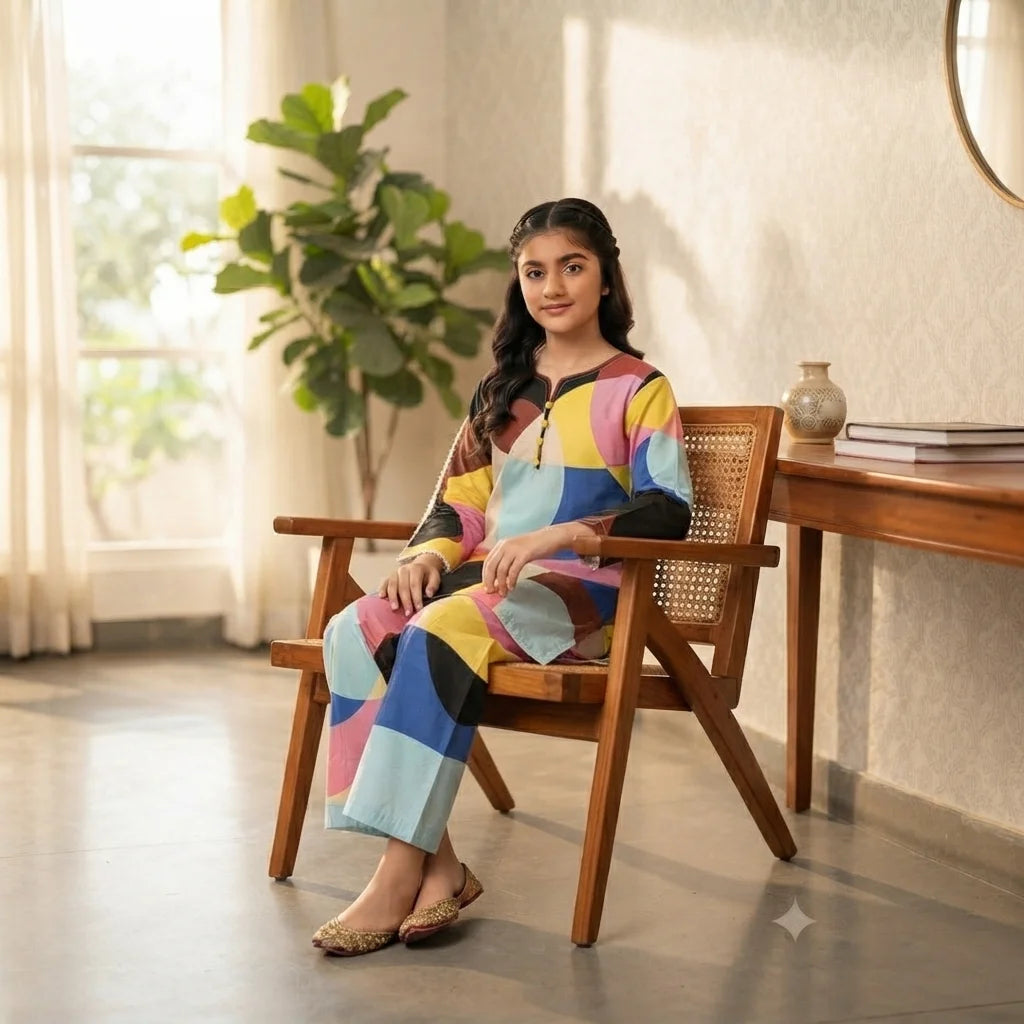 Multi Shade All Over Print 2Pcs Suit Girls ( R-429 N)