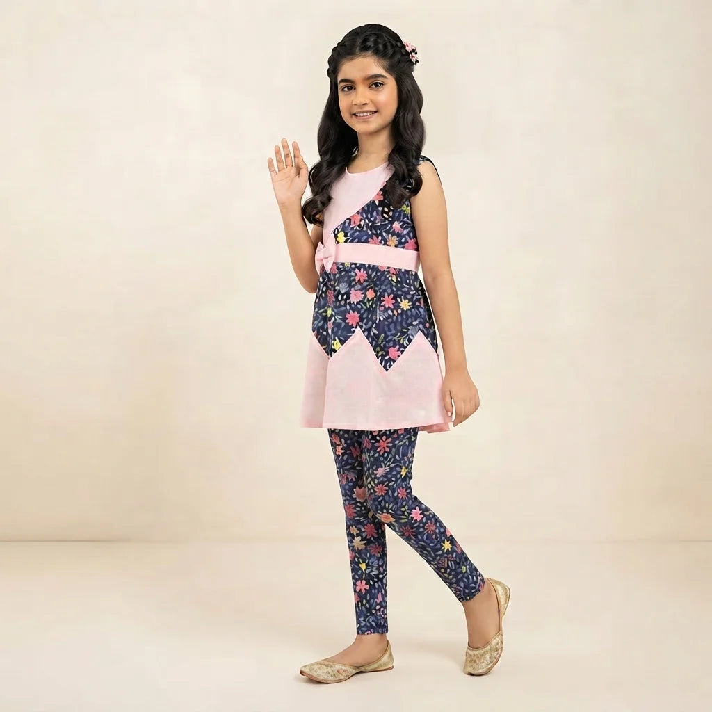 Navy Blue Floral Baby Pink Frock Suit-Girls ( R-38 N )