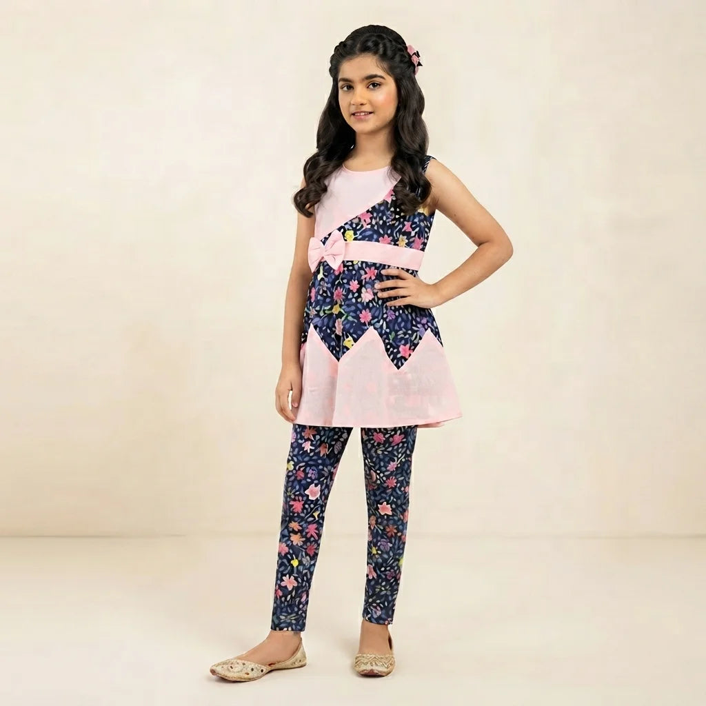 Navy Blue Floral Baby Pink Frock Suit-Girls ( R-38 N )