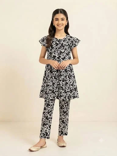Heart All Over Print Black Frock Suit for Girls (R-43 N)