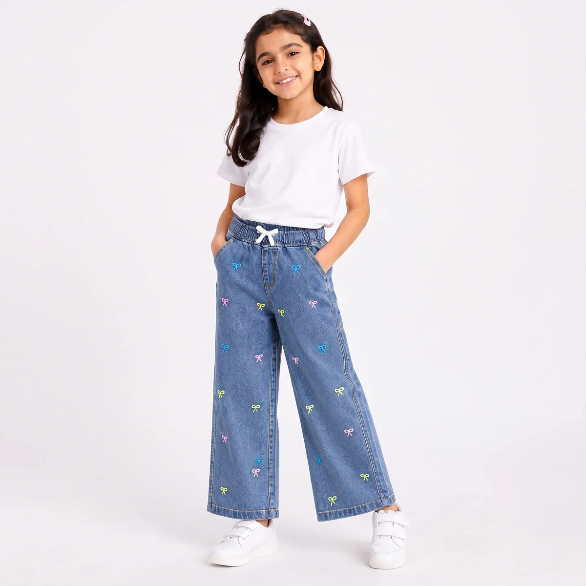 Bow Embroidery Mid Blue Jeans Girls ( R-336 N )