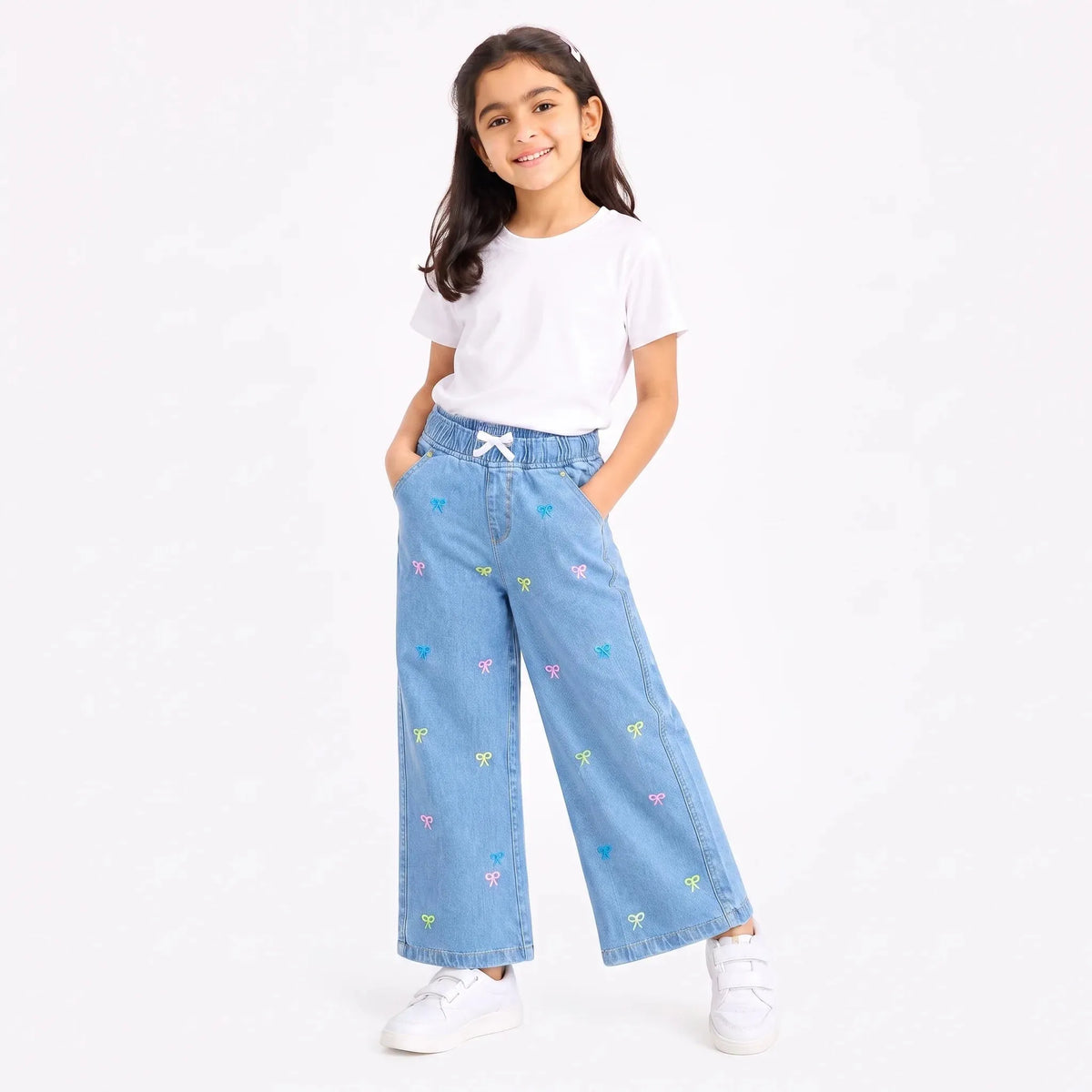 Bow Embroidery Sky Blue Jeans Girls ( R-336 N )