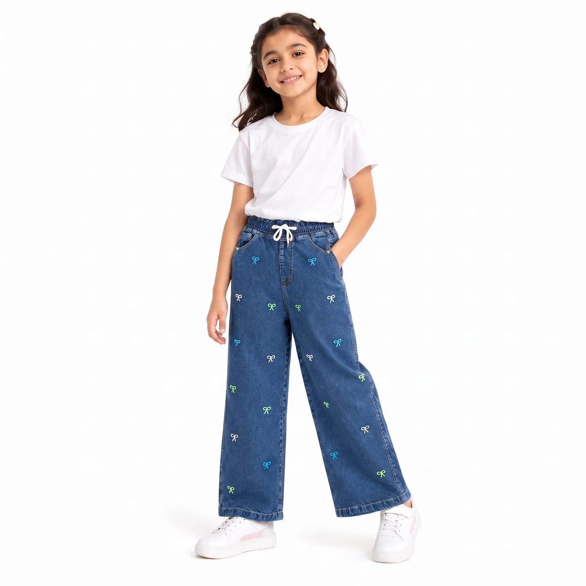 Bow Embroidery Dark Blue Jeans Girls ( R-336 N )
