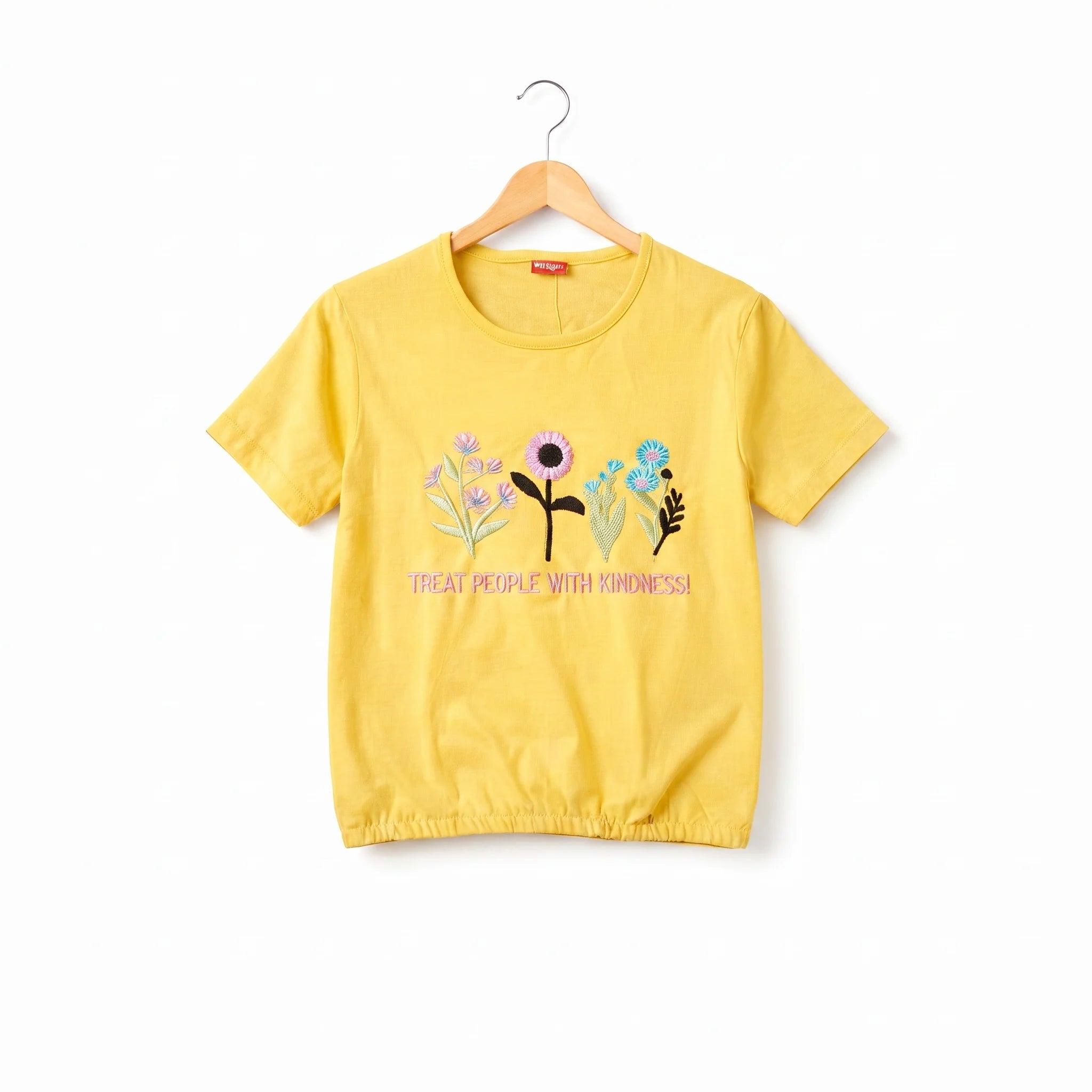 (Short Length) Kindness Embroidery Yellow T-Shirt Girls (R-111,493 N)