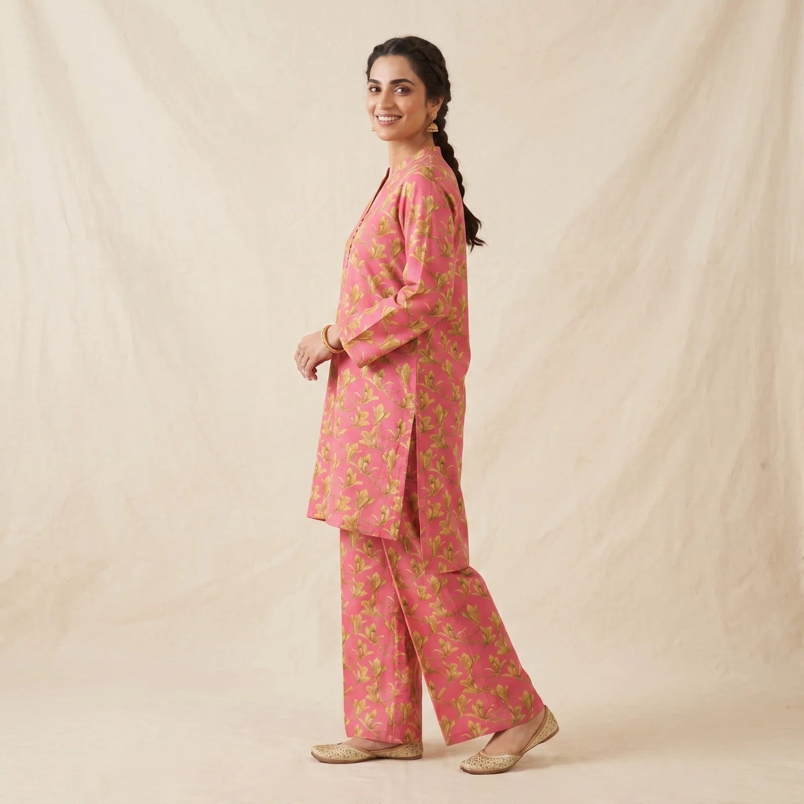 Yellow Flower Print Pink 2Pcs Suit For Women ( R-153 N )