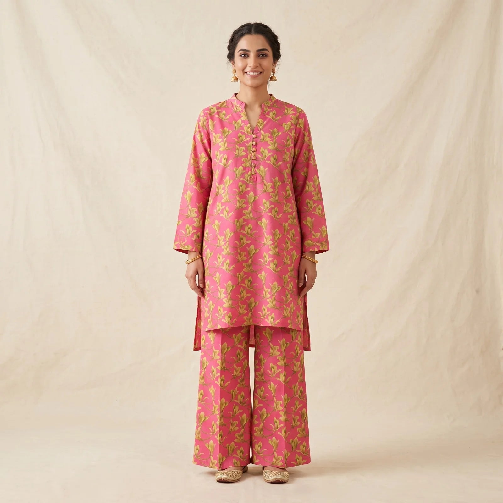 Yellow Flower Print Pink 2Pcs Suit For Women ( R-153 N )