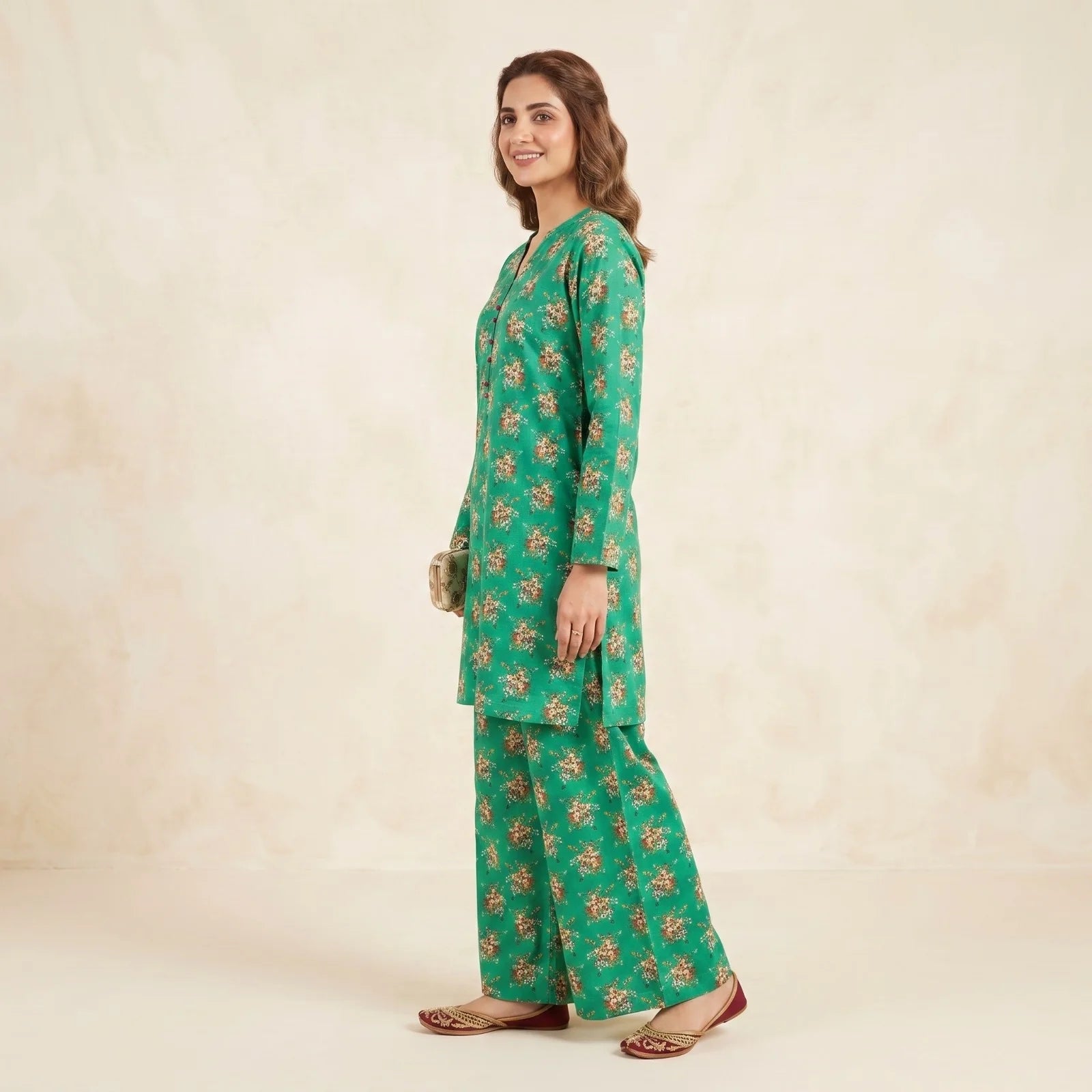 Yellow Flower Print Sea Green 2Pcs Suit For Women ( R-153 N )