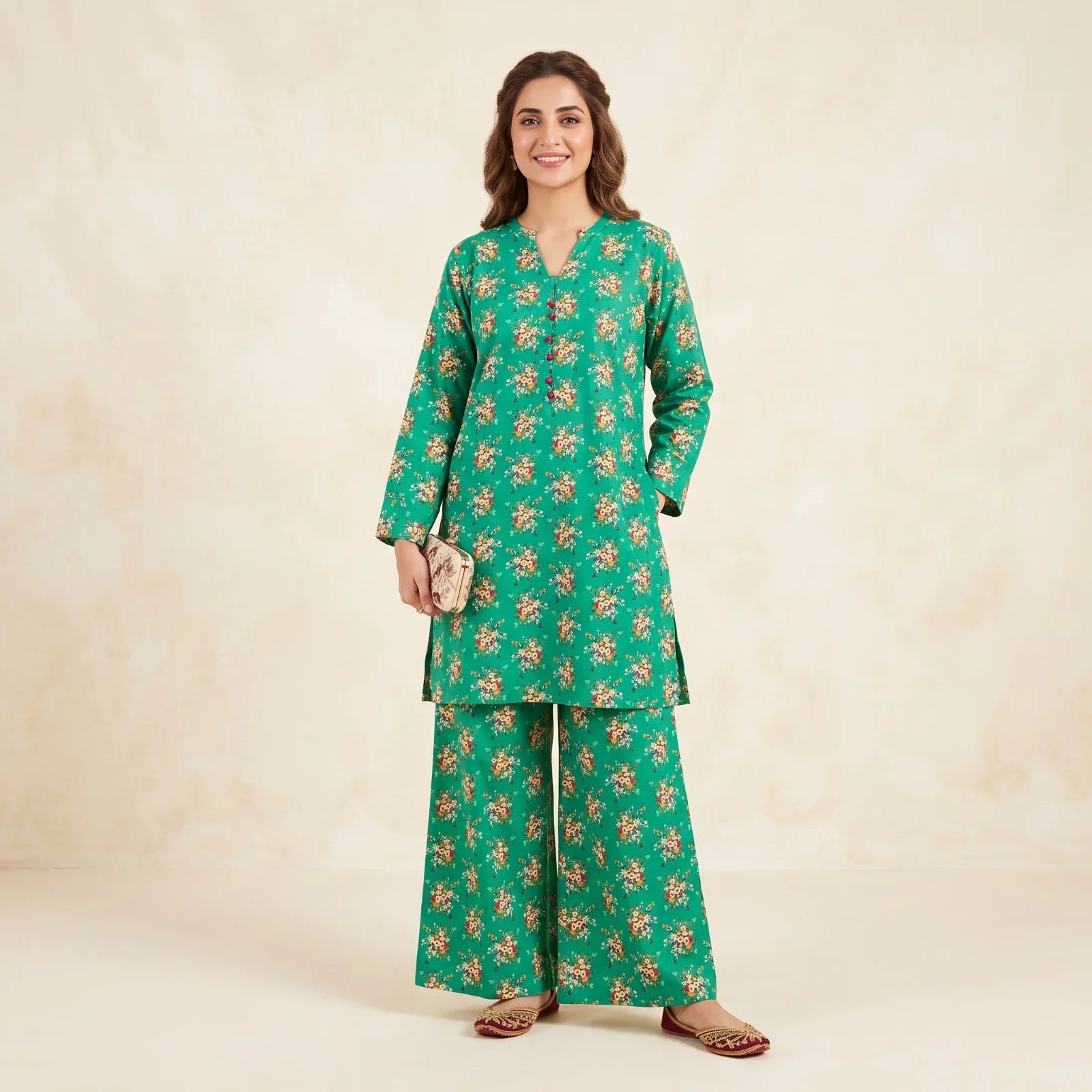 Yellow Flower Print Sea Green 2Pcs Suit For Women ( R-153 N )