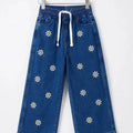 Sun Flower Embroidery With Ribbon Dark Blue Jeans Girls ( R-545 N )