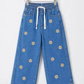 Sun Flower Embroidery With Ribbon Mid Blue Jeans Girls ( R-483 N )
