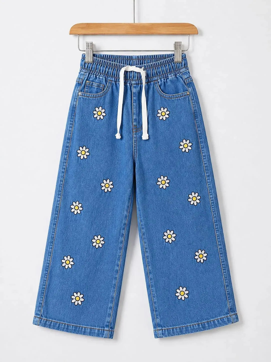 Sun Flower Embroidery With Ribbon Mid Blue Jeans Girls ( R-483 N )