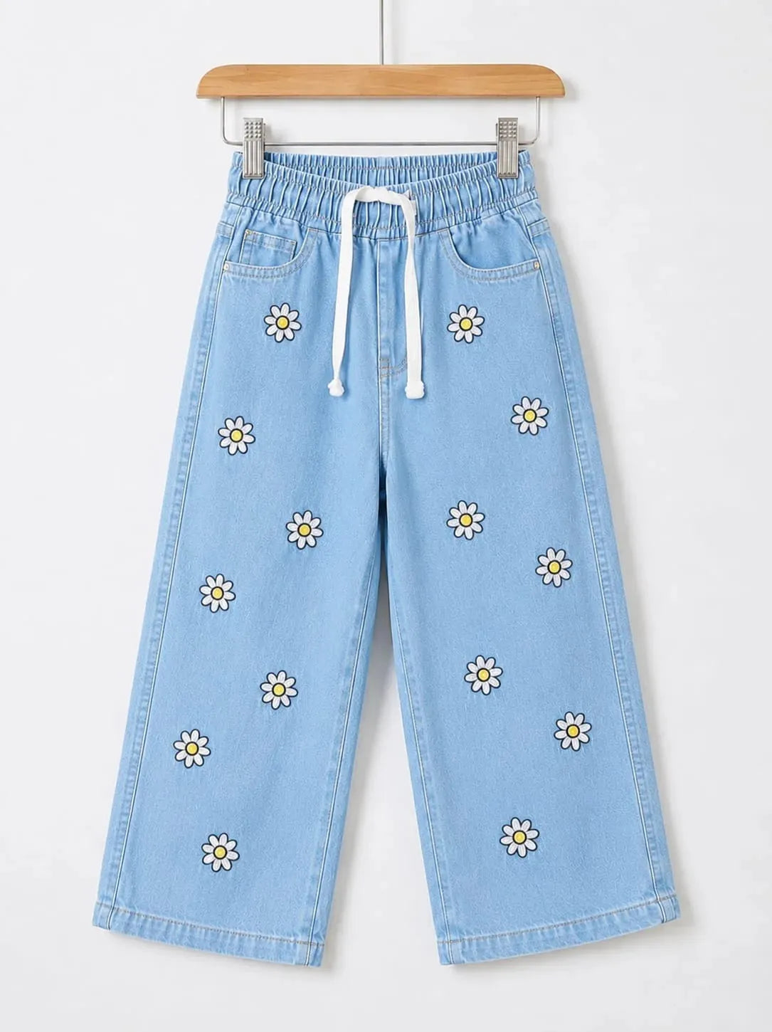 Sun Flower Embroidery With Ribbon Sky Blue Jeans Girls ( R-318 N )