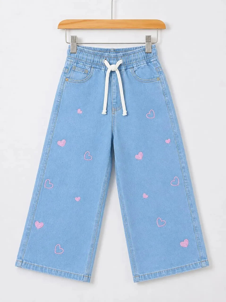 Heart Embroidery With Ribbon Sky Blue Jeans Girls ( R-545 N )