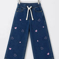 Heart Embroidery With Ribbon Dark Blue Jeans Girls ( R-318 N )
