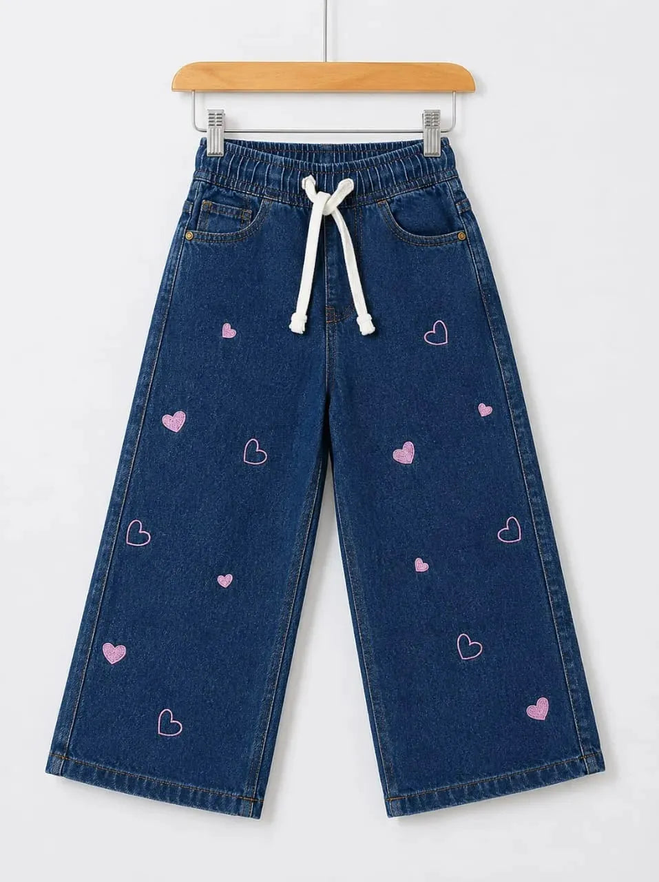 Heart Embroidery With Ribbon Dark Blue Jeans Girls ( R-318 N )