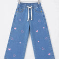 Heart Embroidery With Ribbon Mid Blue Jeans Girls( R-67 N )