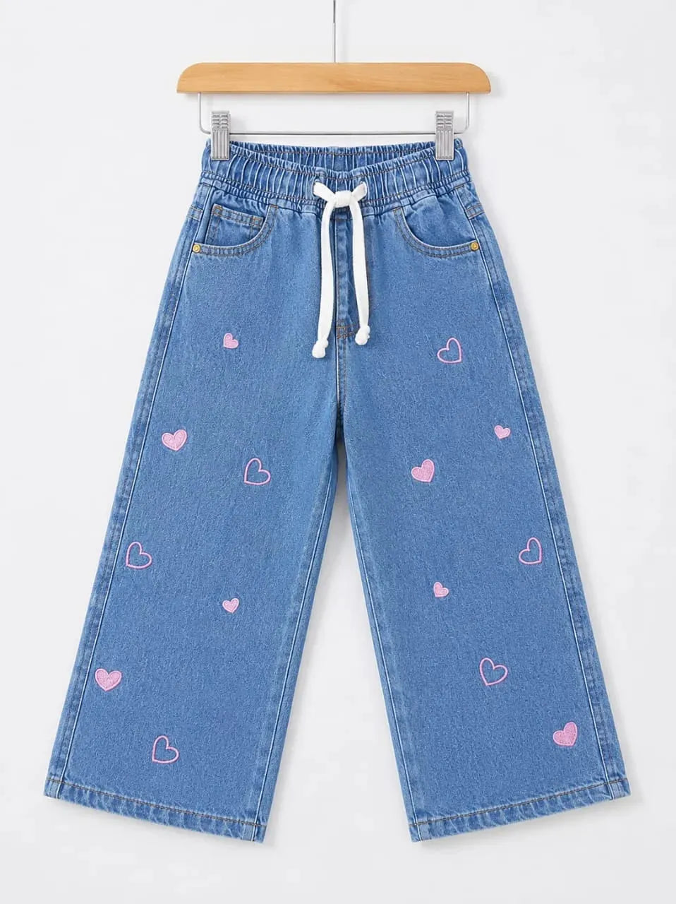 Heart Embroidery With Ribbon Mid Blue Jeans Girls( R-67 N )