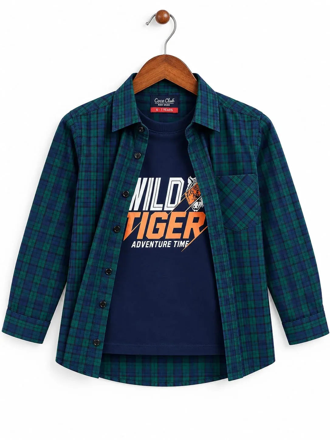 Wild Tiger Blue Inner Full Sleeve Green Check Double Casual Shirt Boys ( R-308 N)