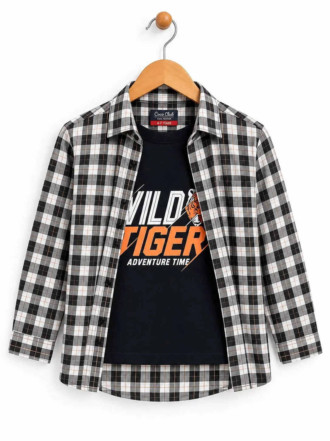 Wild Tiger Black Inner Full Sleeve Brown Check Double Casual Shirt ( R-308 N)