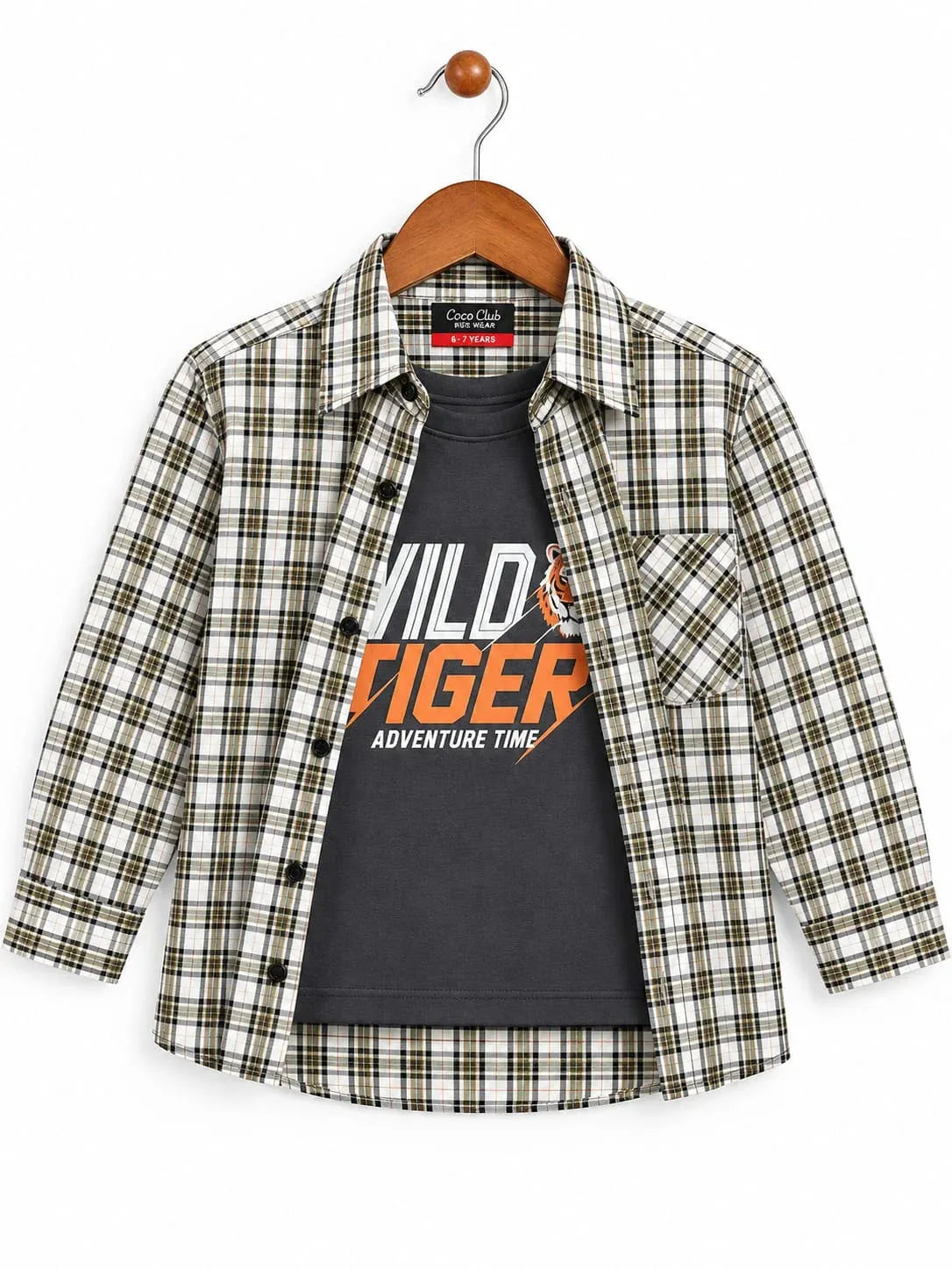 Wild Tiger Grey Inner Full Sleeve Cream Check Double Casual Shirt ( R-308 N)