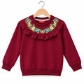 Floral Embroidered Ruffle Yoke  Maroon Sweatshirt For Girls R-608
