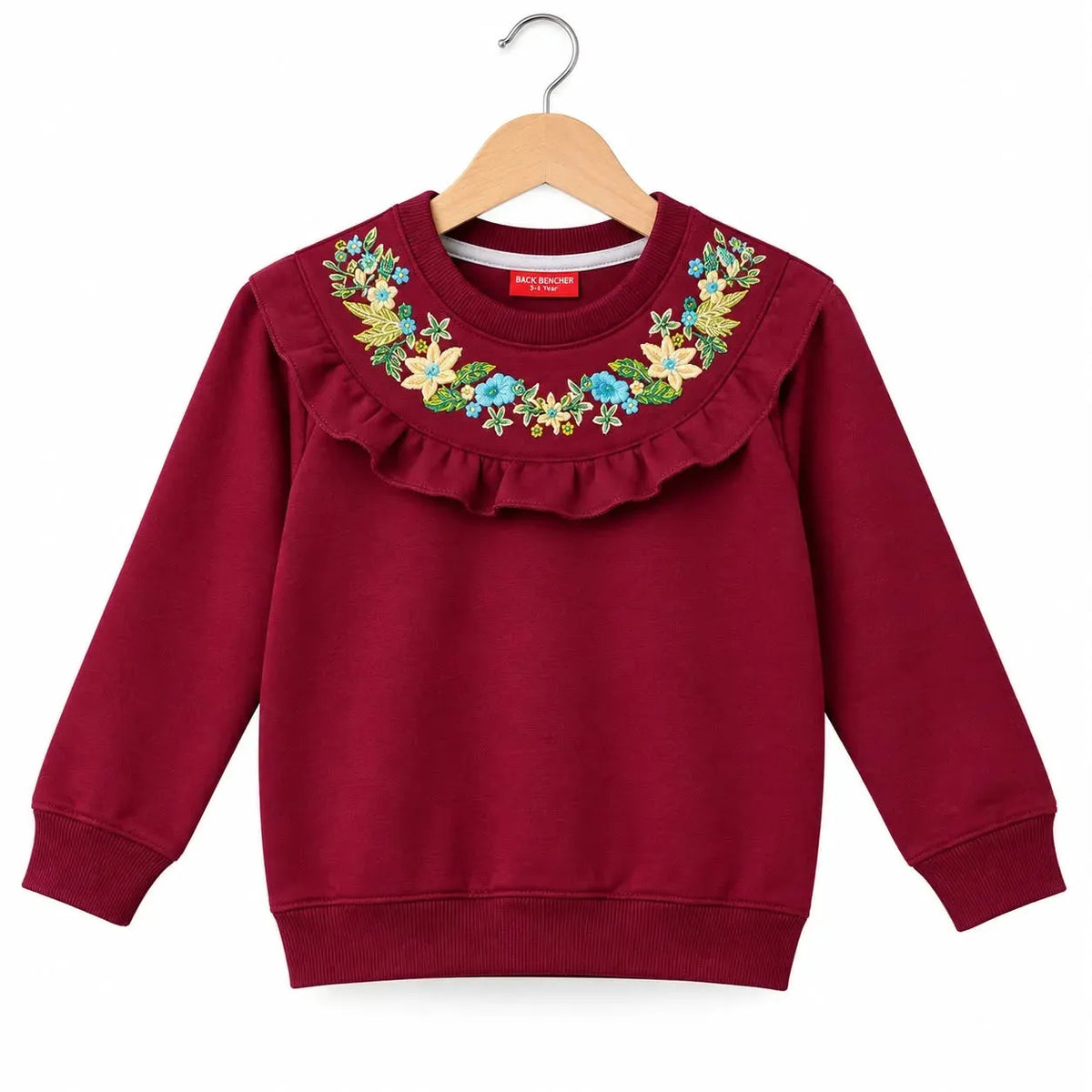 Floral Embroidered Ruffle Yoke  Maroon Sweatshirt For Girls R-608
