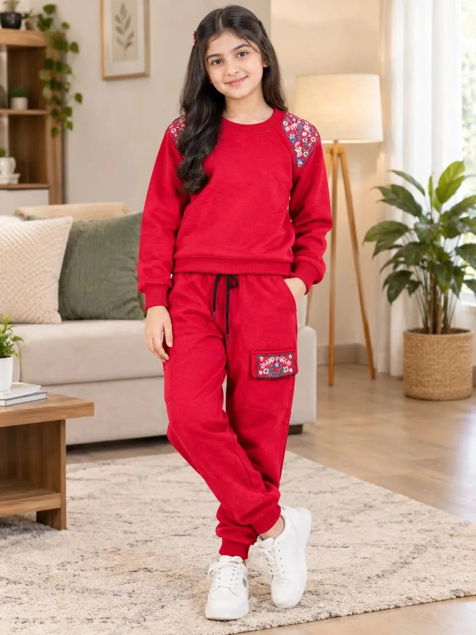 Floral Shoulder Embroidery Red Track-Suit For Girls R-624