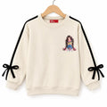 Cute Doll Graphic Ribbon-Bow Beige Sweatshirt For Girls R-588