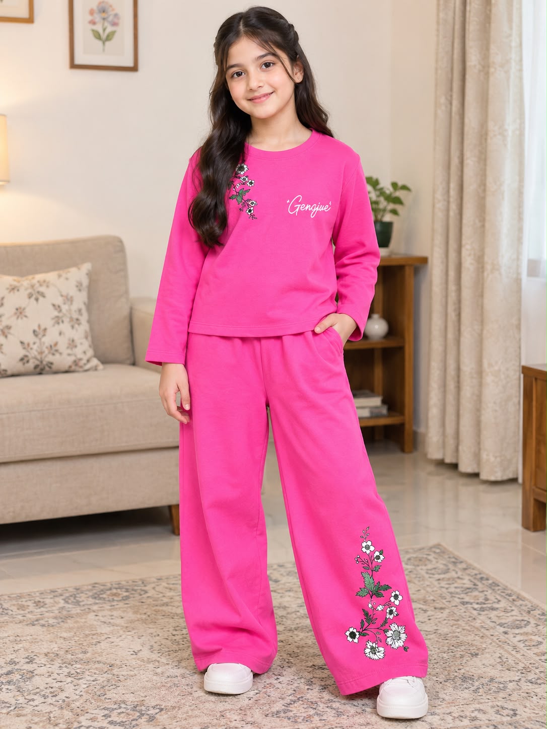 Genuine With Flower Print Terry Bright Pink Co-ord Tracksuit Set