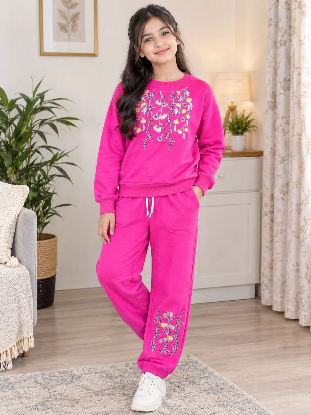 Floral Embroidery Hot Pink Tracksuit  For Girls ( R-632)