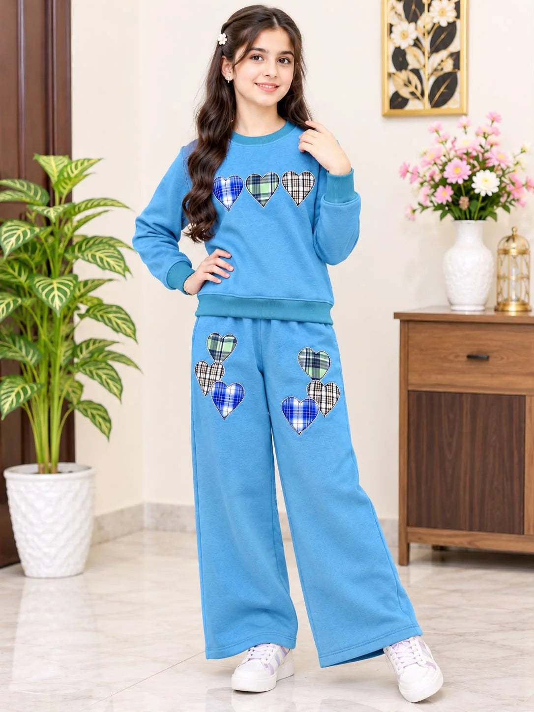 Hearts Graphic Sky Tracksuit For Girls R-454