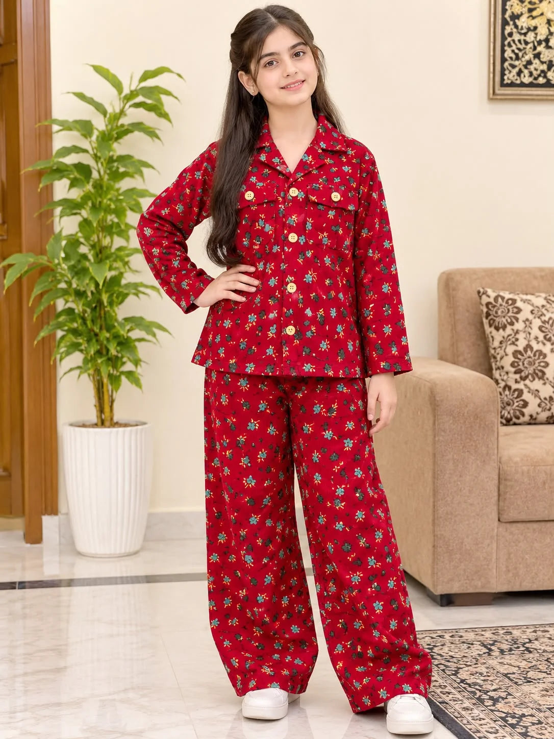 Two Side Pocket Flower Print ( Corduroy ) Coat Collar Suit Girls R-299
